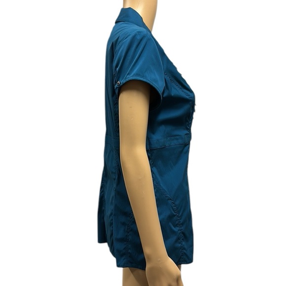 Express Designs Studio Short Sleeve Ruffled Empire Buckle Waist Zip Blouse M - Picture 2 of 11